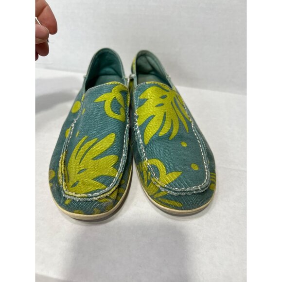 Olukai Nohea women size 6.5 Canvas Slip-On Shoes With Leaf Pattern In Teal & Yel - Picture 7 of 7